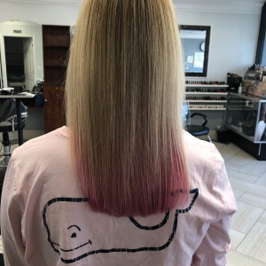 Electric blonde with a hit of pink Olaplex