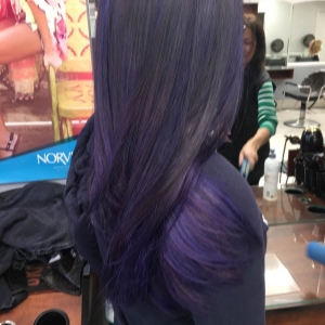 Glossy purple color and cut with Olaplex